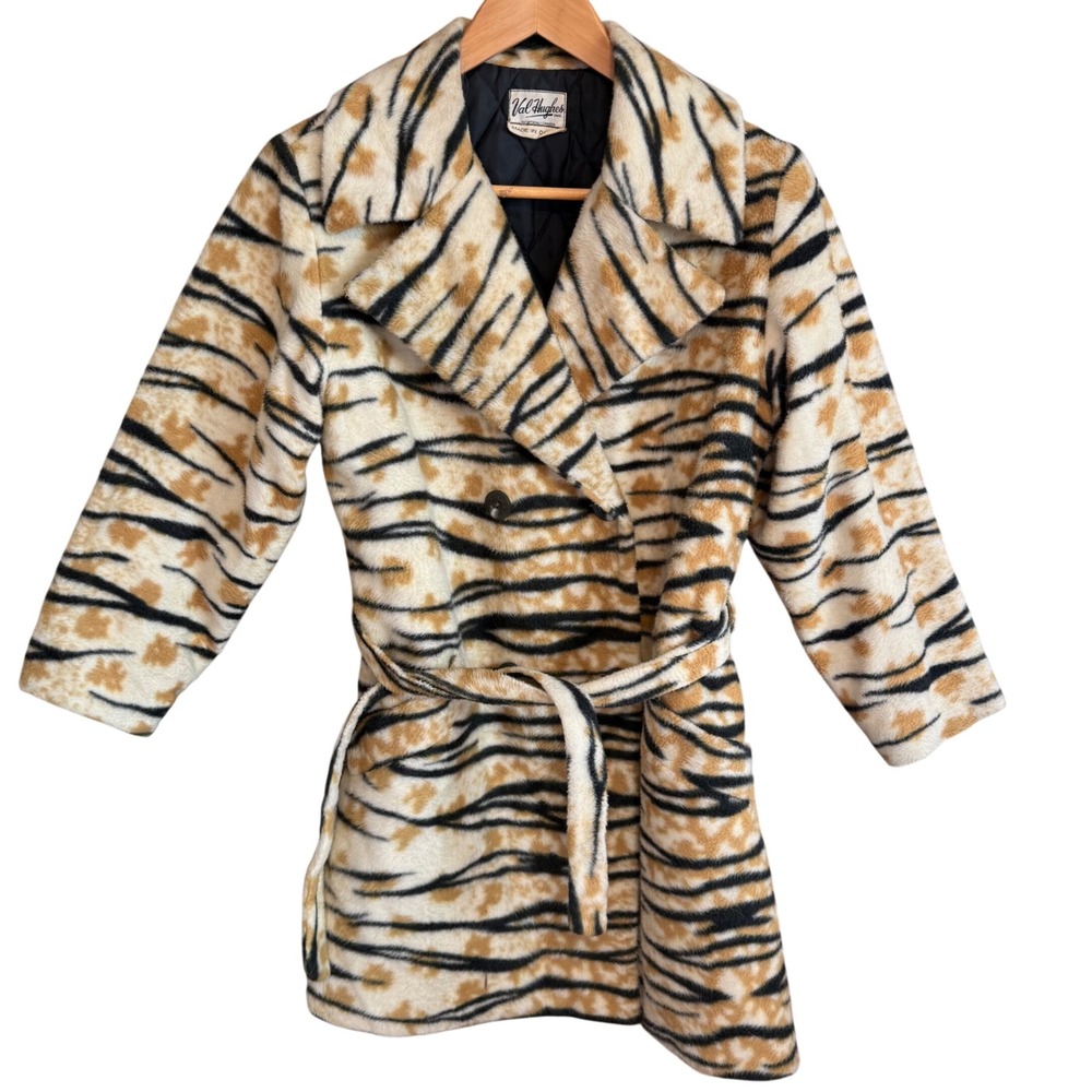 Val Hughes Vintage Tiger Faux Fur Coat Double Breasted Belted Jacket Canada